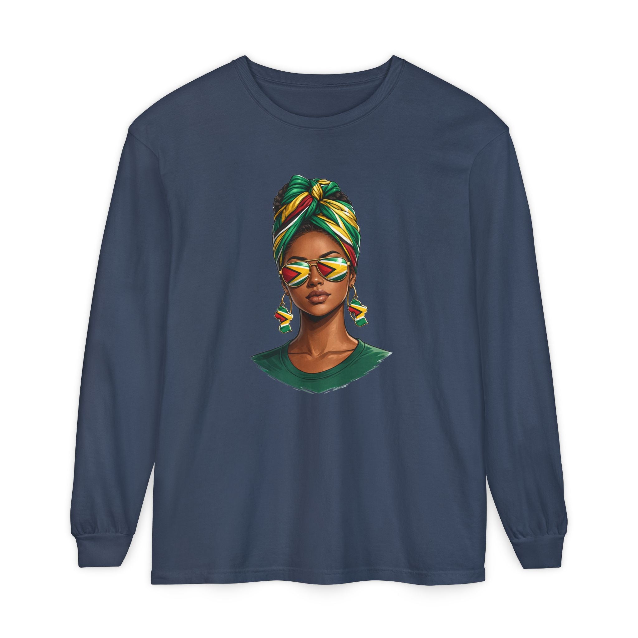 Afro Guyanese Woman Portrait — "Her Presence Does the Talking" Long Sleeve Tee