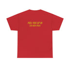 Graphic Tee — "Why Yuh So Vex" Bold Chest Text with Back Slogan