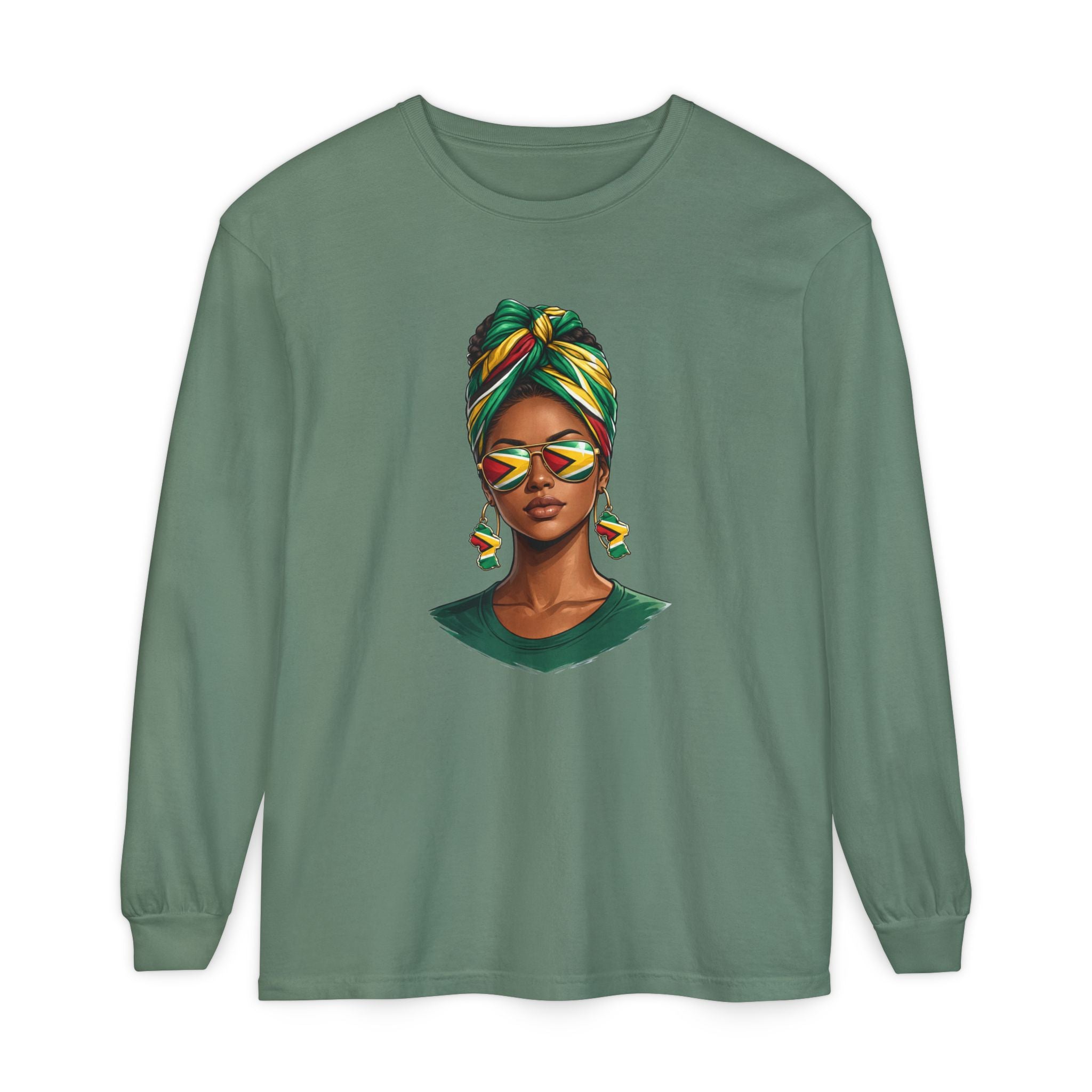 Afro Guyanese Woman Portrait — "Her Presence Does the Talking" Long Sleeve Tee