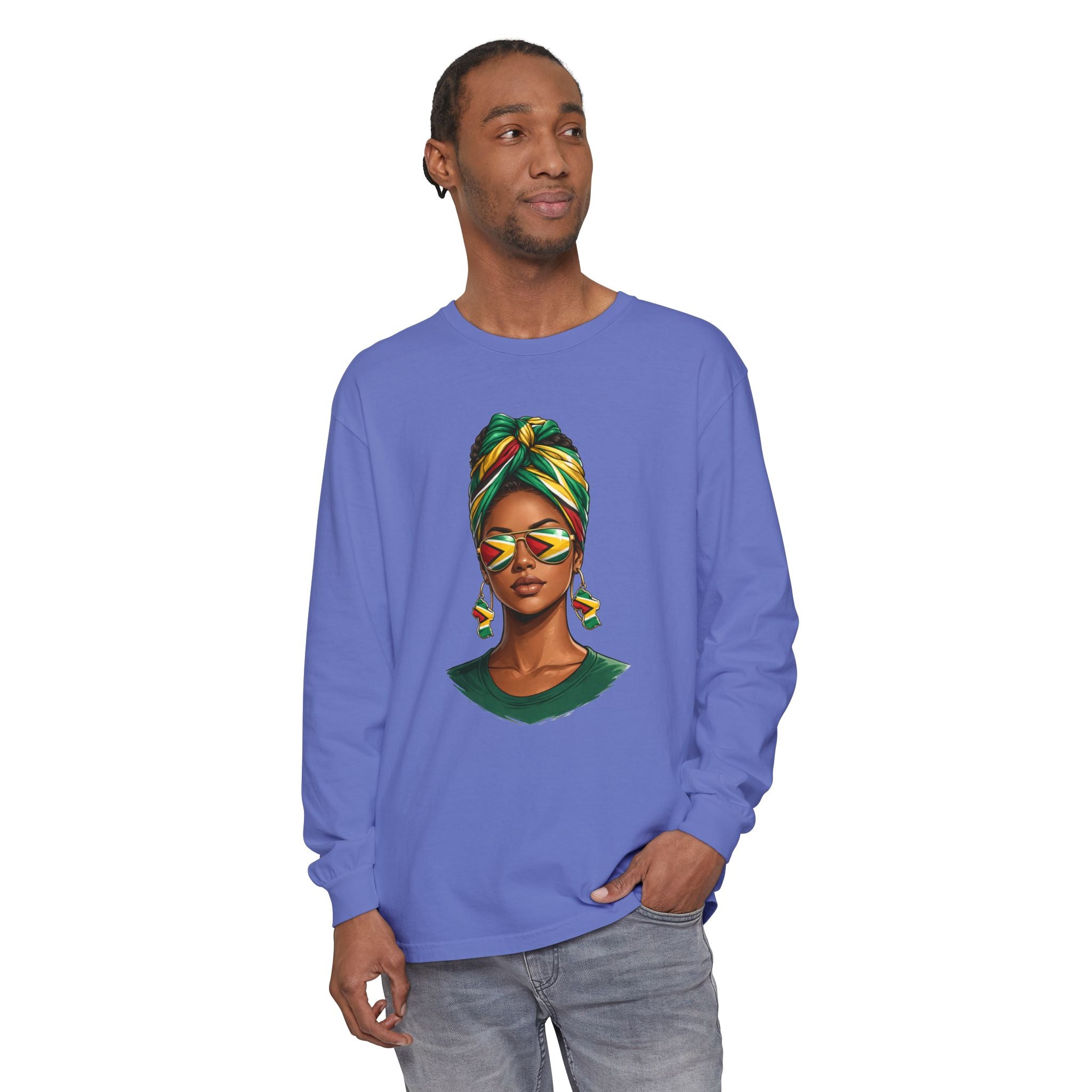 Afro Guyanese Woman Portrait — "Her Presence Does the Talking" Long Sleeve Tee