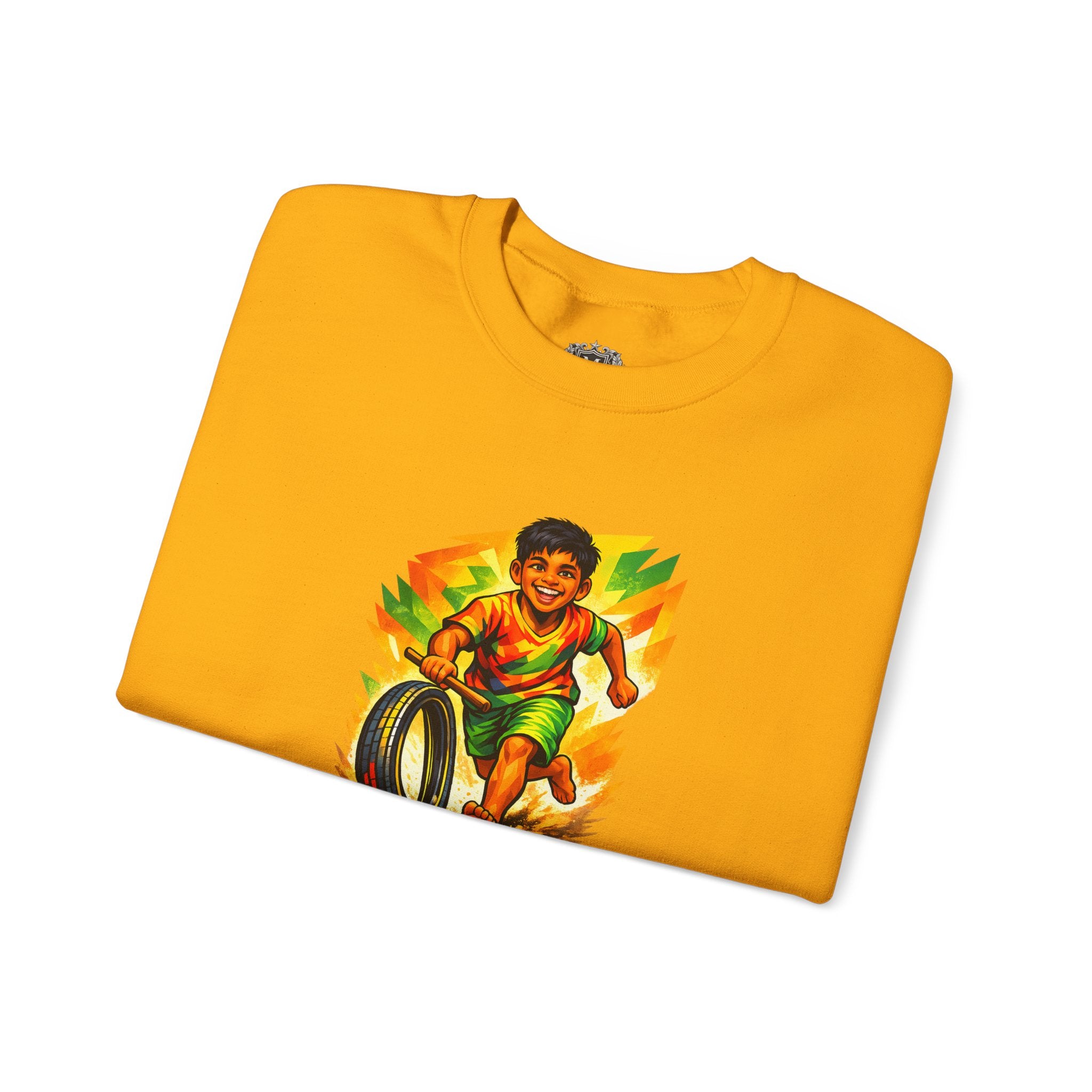 Retro Boy Playing with Tire Graphic — Crewneck Sweatshirt