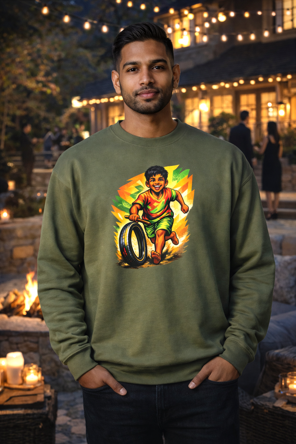 Retro Boy Playing with Tire Graphic — Crewneck Sweatshirt