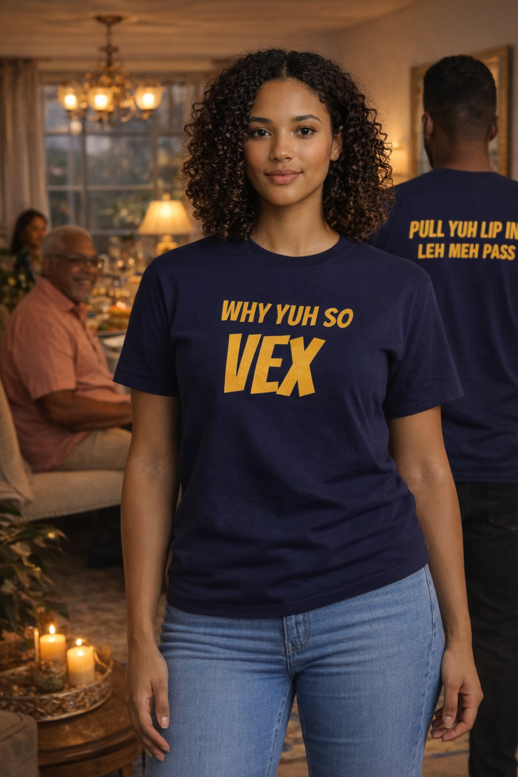 Graphic Tee — "Why Yuh So Vex" Bold Chest Text with Back Slogan