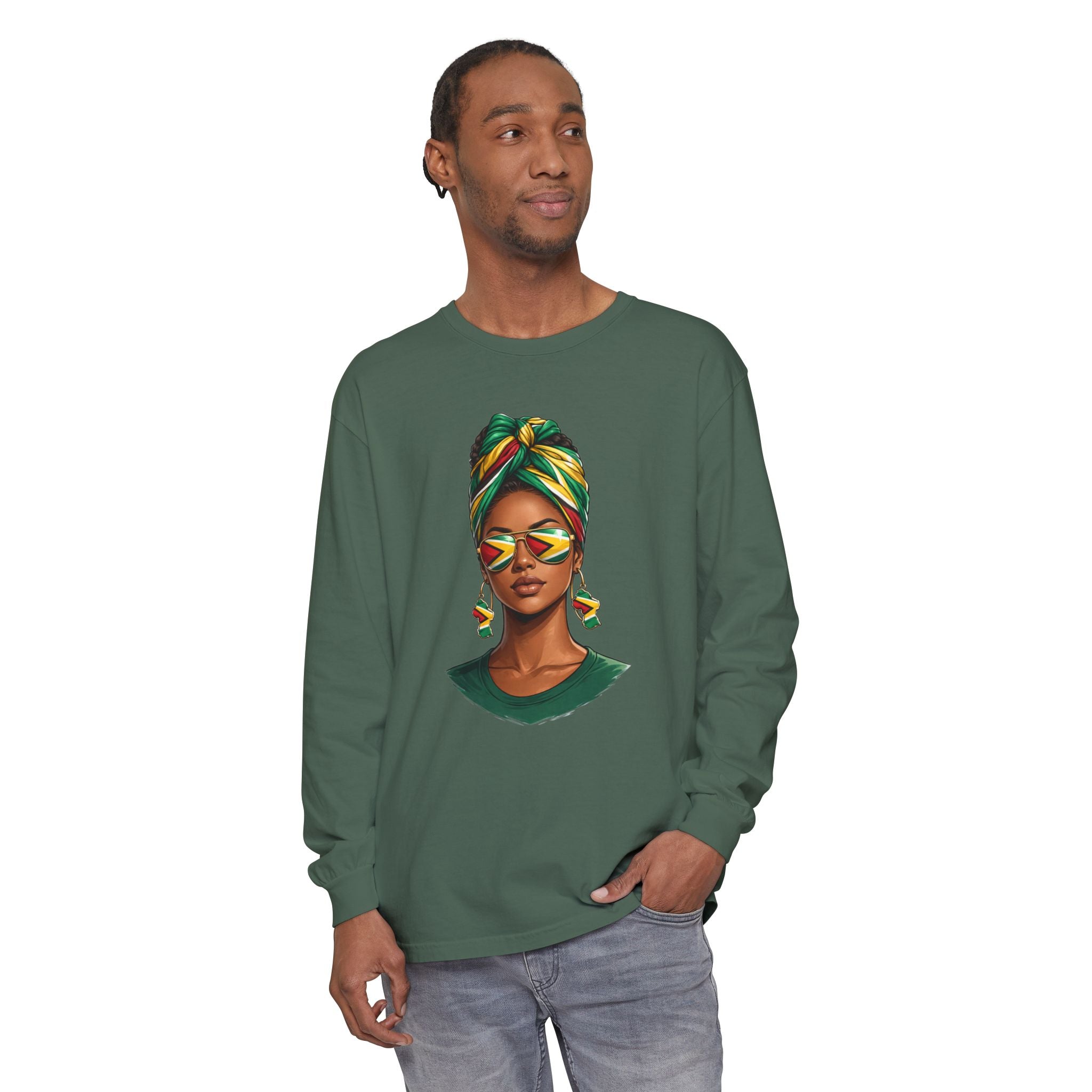 Afro Guyanese Woman Portrait — "Her Presence Does the Talking" Long Sleeve Tee